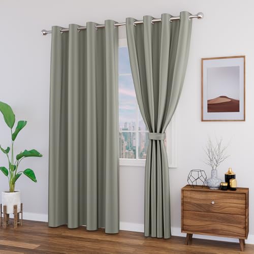 Image of Top Drapes 80% Blackout Door Curtains with Tie Back 8 feet 2 Pcs| Room Darkening, Thermal Insulated, Noise Reducing Heavy Polyester Solid Curtains (Cement Colour)