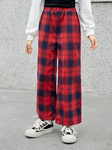 Girl's Plaid Wide Leg Pants Elastic High Waisted Trousers Trendy Sweatpants with Slant Pockets Red 10 Years3