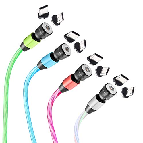 Lot de 4 câbles de charge magnétiques LED 2 en 1 - Bleu, vert, rose, coloré), rotation à 360° et 180° - Câble de charge magnétique de téléphone compatible avec type C, micro USB Cover
