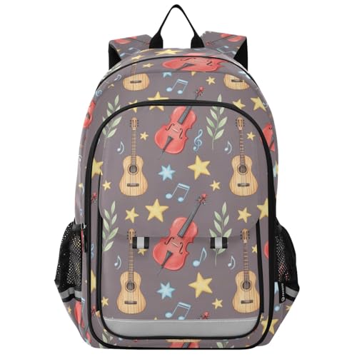 DOMIKING Watercolor Guitar Dark Gray Kids Backpack for Girls Boys School Backpack for Elementary Preschool Laptop Backpacks Bookbag for Travel Women Toddler Men
