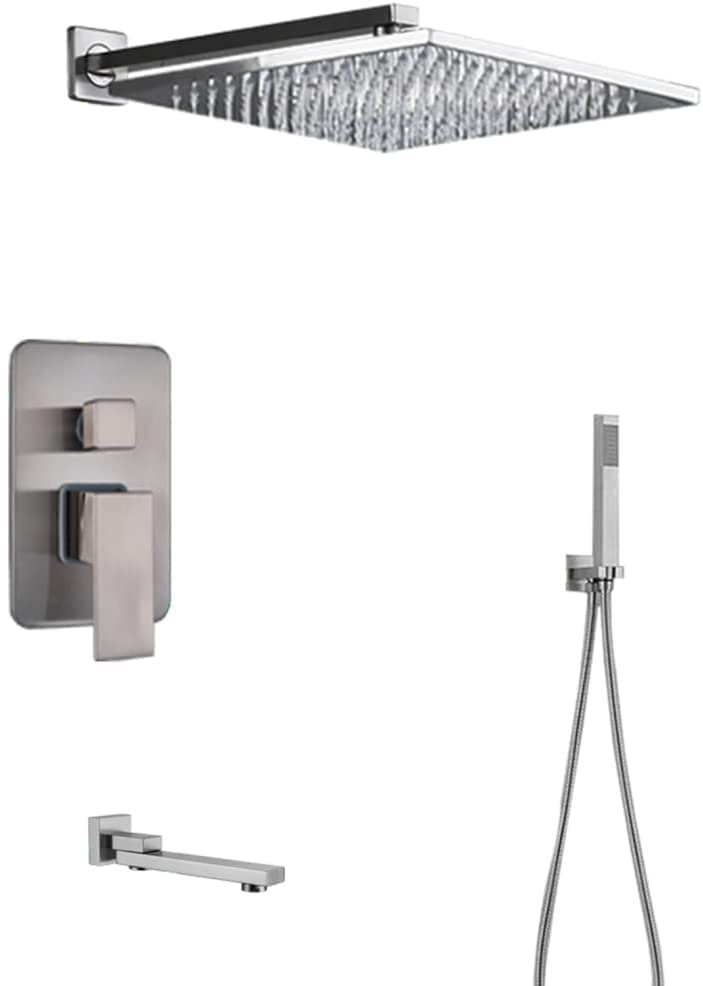 Robinetterie encastrée pour douche moderne avec grand pommeau et douchette laiton