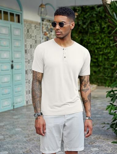 COOFANDY Camisa Henley Camisa Hombre Camiseta Manga Corta con Botones Camiseta Henley Camiseta Casual Verano Camiseta Básica Cuello Henley Blanco M