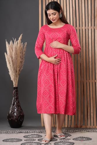 Image of Women's Floral Printed Cotton Maternity Dress Kurti with Feeding Zipper, Maternity Gown for Women, Feeding Dress, Maternity Kurti