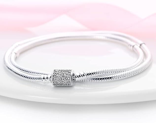 Double Loop Snake Chain Bracelet 925 Sterling Silver with Cubic Zirconia Clip Jewelry Bracelet for Women 18 Cm Mother's Day - Image 2