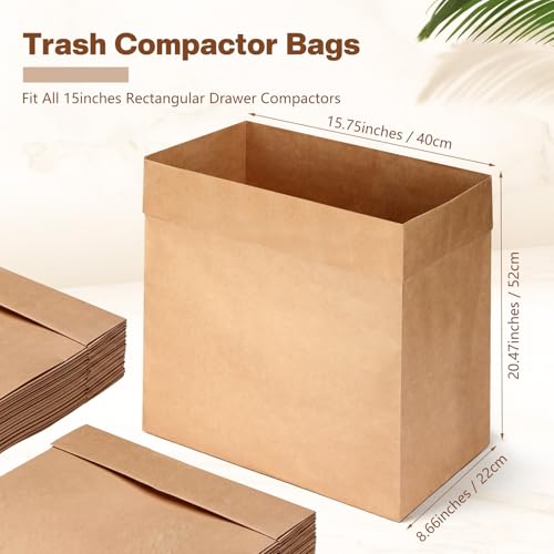 Humyoun 30 Pcs Trash Compactor Bags for Kitchen Pre-Cuffed Heavy Duty Kraft Paper Compactor Bags with Waterproof Liner Reinforced Bottom for Kitchen Use, 20.47 x 15.75 x 8.66\"
