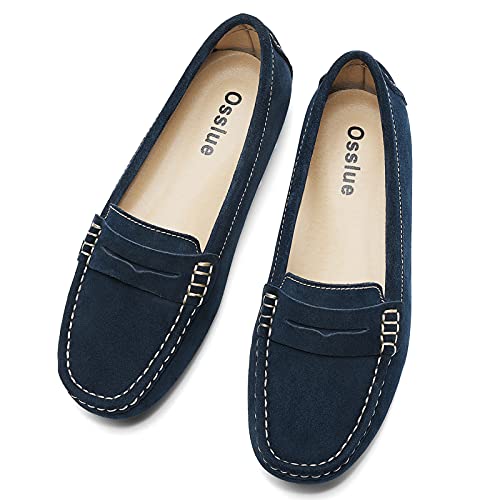 Osslue Women's Blue Suede Leather Casual Penny Loafers Retro Ladies Moccasins Driving Mocs Comfort Slip-On Fashion Boat Shoes Classic Flats 7 M Us Xym-1208-Lan070 #TOP3