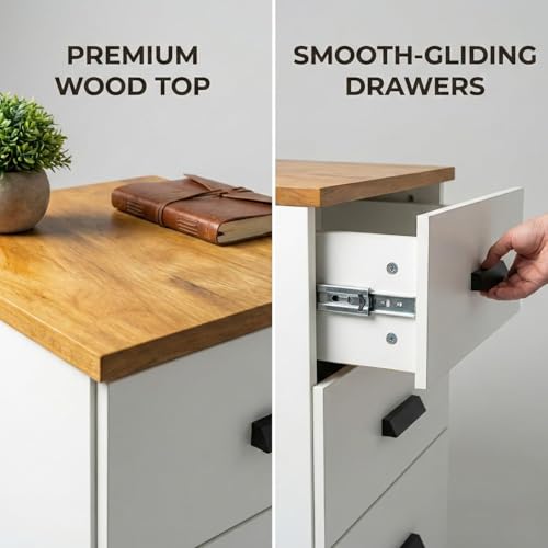 Image of Bedside Table with Drawers | 1-Year Warranty | Modern 3-Drawer Bedside Table Storage Cabinet /Wooden Organizer Stand /End Table /Side Table for Bedroom /End Table for Bedroom DIY Assembly