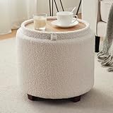 Ornavo Home Lawrence Round Boucle Storage Ottoman with Lift Off Lid and Tray Lid Coffee Table, Ottoman with Storage for Living Room, Bedroom and Office, Boucle White