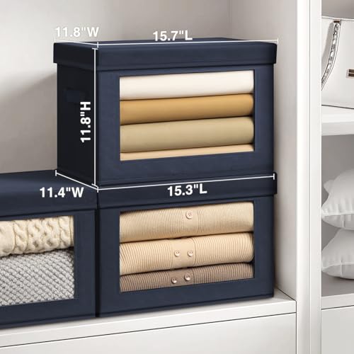 Image of Homsorout Stackable Storage Bins with Lids - Large Storage Box with Lids, Foldable Closet Boxes for Organizing, Wardrobe Clothes Organizer with Window, Cubes Bins for Living Room, 3 Pack, Navy Blue