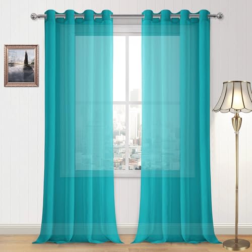 DWCN Turquoise Faux Linen Sheer Curtains - Grommet Voile Window Curtain Drapes for Bedroom Living Room 52 x 90 inches Long, Set of 2