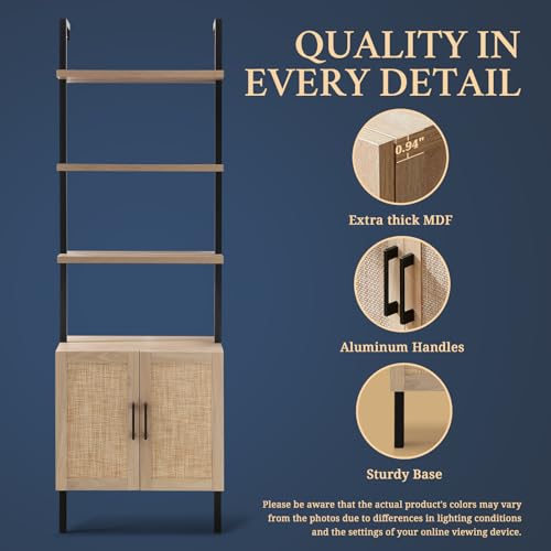 OAKHAM HOME 5 Tier Book Shelf, 73\" Tall Bookshelf with Storage, Modern Bookcase with Shelves, Wall Mount Ladder Shelf with Steel Frame, Bookshelves with Rattan Cabinet for Living Room (Weathered Oak) - Thumbnail 4