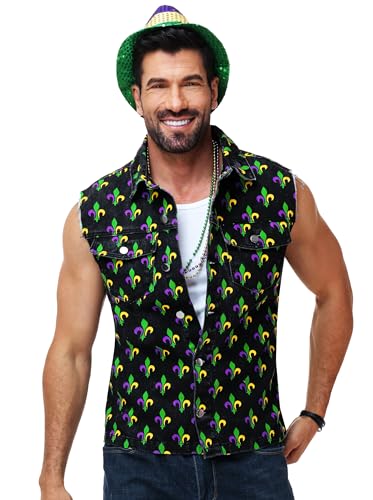 Image of AOBUTE Mens 4th of July Denim Vest American Flag Print Sleeveless Jean Jacket
