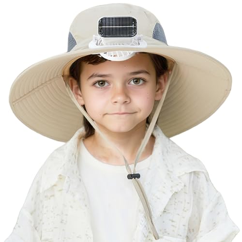 Solar Fan Hat for Kids, Rechargeable Wide Brim Sun Hat with Fan, UV Protection Comforable & Breathable Cap with Windproof Rope for Camping, Picnics, Sports Event, Hats Khaki