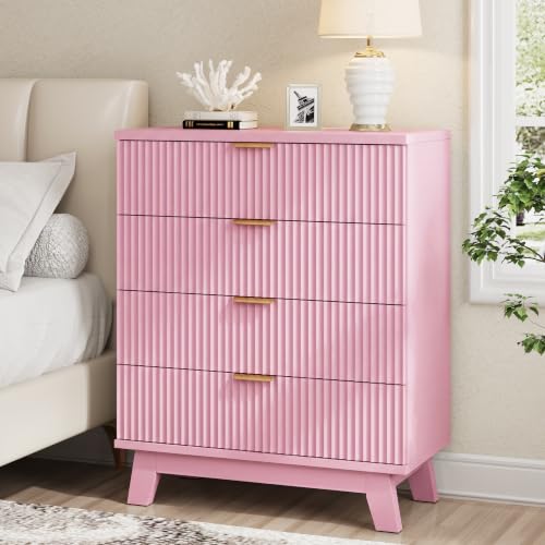 Image of Xixini Fluted Nightstand with 4 Drawers, 31.5 inch Wide Side Table, Pink
