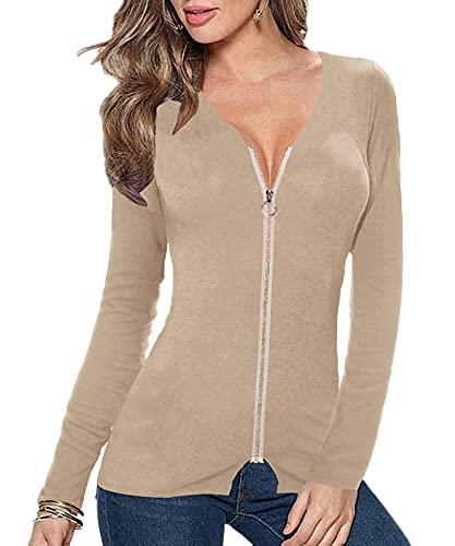 Image of Afibi Women V Neck Zip Front Long Sleeve Casual Top Blouse Shirt /Cardigan