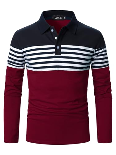 LUVCES Pikétröja för män långärmad randig avslappnad slim fit golf polo kontrast färg bomull t-shirts toppar, A: Långärmad marinblå + vinröd, L