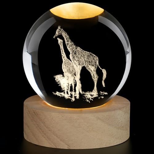 AOOTE Boule de cristal Girafe, boule décorative en verre avec socle en bois et lumière, interface...