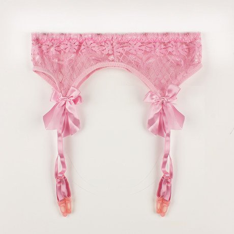 Mismxc Women's 3 Pieces Lace Garter Belt Stockings Sets with Butterfly Panty (Pink) - Thumbnail 3