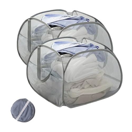 Image of Collapsible Laundry Basket 90L, Foldable Mesh Pop-up Laundry Hamper with Handles, Dirty Clothes Hamper for Laundry with Side Storage Pocket(Gray, 2PCS)