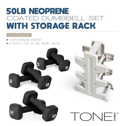 Image of Tone Fitness Neoprene Dumbbell Set with Storage Rack - Non-Slip, Anti-Roll Hand Weights for Home Gym Workouts | 20 lb, 32 lb, 50 lb, 60 lb & 100 lb Options