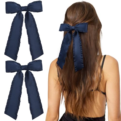 VOBOBE 2PCS Hair Bows for Women Girls Navy Tassel Hair Ribbon Bowknot Hair Clips Barrettes Hair Accessories for Girl with Long Tail (Navy)