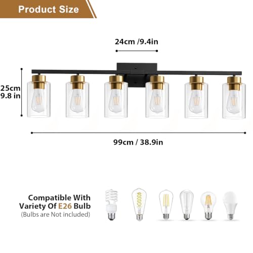 Image of IZORRO Bathroom Light Fixtures, Modern Vanity Lights, Bathroom Lighting Fixtures Over Mirror with Clear Glass Shade, Wall Sconce for Living Room Cabinet Bedroom (Black and Gold, 6-Light)