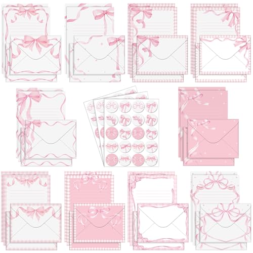 Image of TaoBary 160 Pcs Pink Bow Stationery Paper Set for Girls with Stationery Letter and Envelopes 50 Double Sided Papers with 50 Matching Envelopes and 60 Round Dot Sticker 10 Design (5.5 x 8.25 Inch)