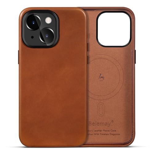 Belemay Compatible with iPhone 14 Leather Case Compatible with MagSafe Premium Full-Grain Vegetable-Tanned Leather [Luxury & Classy] Rich Patina Secure Grip Metal Buttons Cover (6.1) Saddle Brown