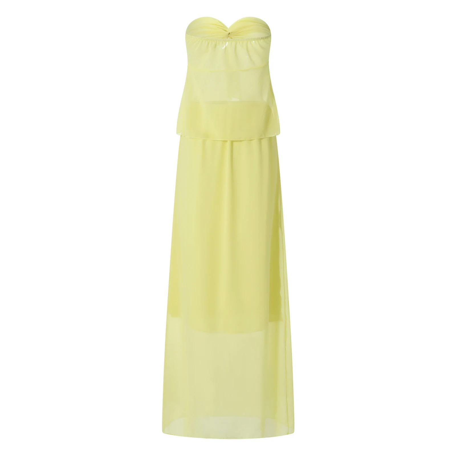 Ensemble robe d'été jaune deux pièces jupe longue femme et haut bustier court plissé chic