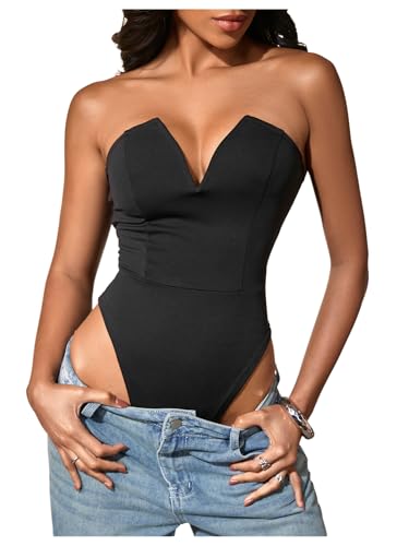 Milumia Womens Strapless Deep V Neck Bodysuit Sexy Backless Slim Fitted Tube Tops Black Small