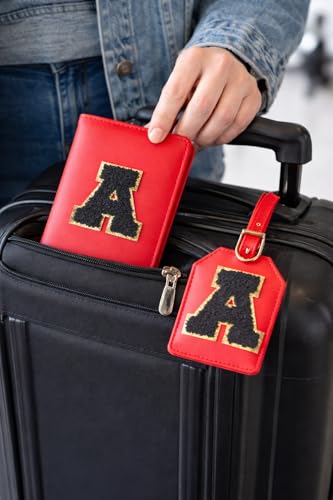 Image of Passport Cover & Bag Tag Combo | Personalized Initial Alphabet Custom A-Z Name Initial | Fits Standard Passports | Travel GiftIdeal Travel Gift for Women, Girls & Couples (Red)