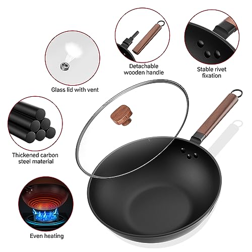 Jobin 33cm/5.6L Non Stick Wok with Lid Carbon Steel Frying Pan No Chemical Coated and Large Capacity for Cook Asian Dishes for 4-6 People, Ideal for Induction, Gas, All Hobs - Image 3