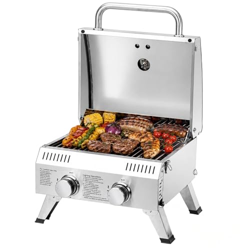 Bonnlo 2 Burner Portable Gas Grill, 20,000 BTU Tabletop Camping Grill with Ignition & Lockable Lid, Stainless Steel Propane Grill with Foldable Legs & Thermometer for Outdoor Patio BBQ RV Use