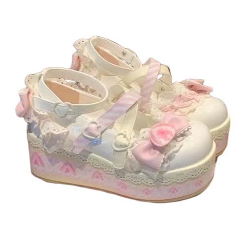 ZQW Women's Kawaii Cute Bow Strawberry Cake Lace Chunky Mary Jane Heels Round Toe Lolita Y2K Aesthetic Platform Wedge Shoes