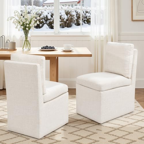 SUBRTEX Dining Chairs with Casters Set of 2, Upholstered Dining Room Chairs, Accent Single Sofa Chair, Fabric Linen Living Room Chairs, Arrived Assembed, Slient Wheels, Linen