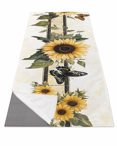 BOSIJOY Yoga Mat Towel,Pastoral Farm Sunflower Butterfly Non Slip Sweat Absorbent Hot Yoga Towels with Corner Pockets,Retro Floral Leaves Plant Soft Microfiber Towel for Pilates Bikram 74