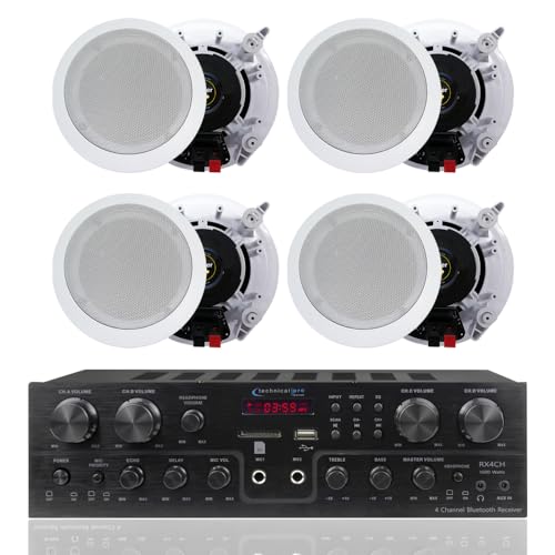 Image of Home Theater System Kit 4-Channel 1000 Watts Amplifier w/ 4 Qty of 5.25" 175 Watts Each Flush Mount in-Wall in-Ceiling 2-Way Mid Bass Woofer Ceiling Speaker by Technical Pro