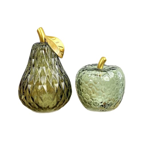 Image of Alfie Francis Mixed Shades of Green Small Glass LED Mood Lighting Apple and Pear Ornaments Set Modern Decorations for the Home Living Room Kitchens