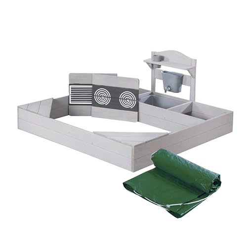 roba Sandkasten aus Holz inkl. Matschküche & Abdeckplane - Sandkiste mit Spielwanne & bedruckten Herdplatten - Wetterfestes Holz grau lasiert