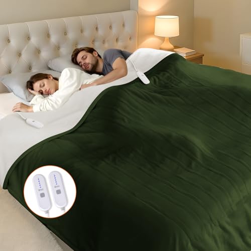 FVERWAG Heating Blanket Queen Size Washable - 84 x 90 Inch Double Zone Electric Blanket with 10 Hours Auto Off, 5 Heat Settings, Soft Flannel Sherpa Heated Blanket for Bed, ETL Certified, Green