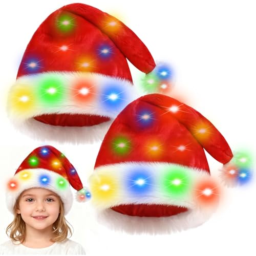 Hifot Bonnet Noel Lumineux LED Chapeau Noel Adultes Bonnet Pere Noel Peluche Bonnets Chapeau Rouge pour Fête de Noel - Batterie Non Incluse
