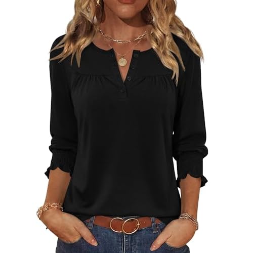 AKEWEI 3/4 Length Sleeve Womens Tops 2026 Fashion Summer Tops for Women Crewneck Casual Loose Fit Pleated Top