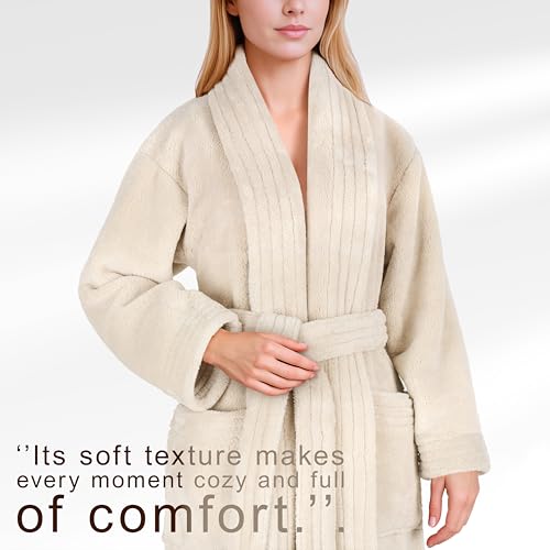 Image of American Soft Linen Women's Fleece Bathrobe - Luxury Soft, Plush, Fuzzy & Warm Turkish Robe for Women, Cozy Spa Quality Adult Bathroom Lounge Robe, Beige M