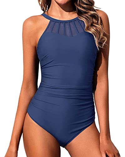 Holipick Grey Blue Women High Neck One Piece Swimsuit Tummy Control Halter Slimming Bathing Suit Mesh Swimwear for Teen Girls L(US 12-14)