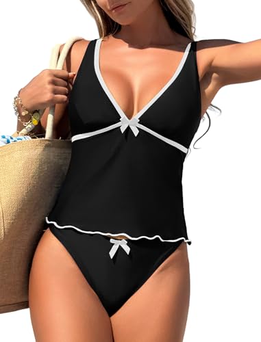 ZAFUL Women's Tankini Swimsuits V Neck Tummy Control Bow Color Block Two Piece Swimsuit Bathing Suit