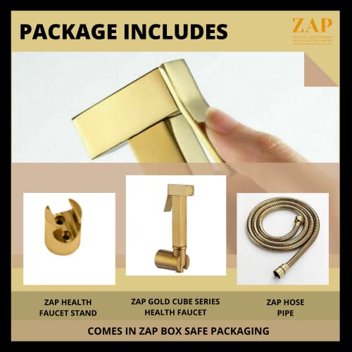 Image of ZAP Cube Series Gold Plated Brass Health Faucet with Stand & Hose Pipe | Premium Jet Spray for Toilets | Hand Spray Set | Health Faucet Bidet Set (Gold Plated)