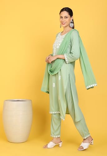 Image of Kaari Women's Chikankari Kurta Set with Dupatta -Straight Fit | Chiffon Dupatta with Embroidered Band | Straight Pant with Side Pocket | Kurta Set for Women