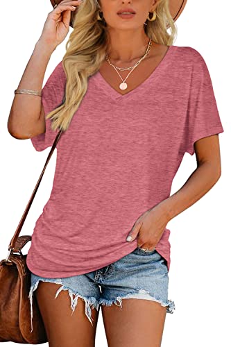 Image of WIHOLL Womens Summer T-Shirts Short Sleeve V Neck Dolman Tops with Side Shirring Loose Fit Shirts Spring Fashion
