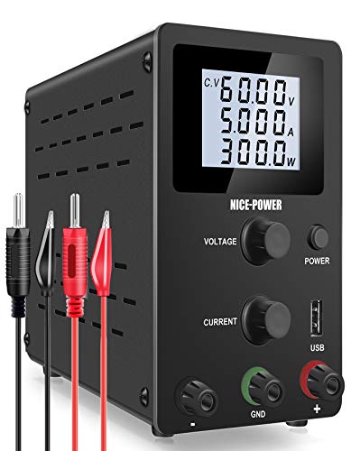 NICE-POWER DC Power Supply Variable 60V 5A Adjustable Switching Regulated High Precision 4-Digits LCD Display 5V/2A USB Port Test Lead Output & Input Power Cord Bench Lab Power Supplies
