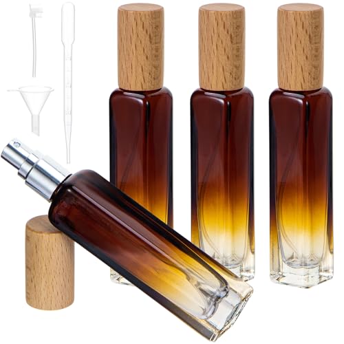 15ML Perfume Travel Refillable Spray Bottles 4pcs Set, Mini Glass Perfume Bottle Empty, Portable Cologne Atomizer Sprayer Travel Size Containers Refill Bottles Kit with Wooden Lid for Toiletries